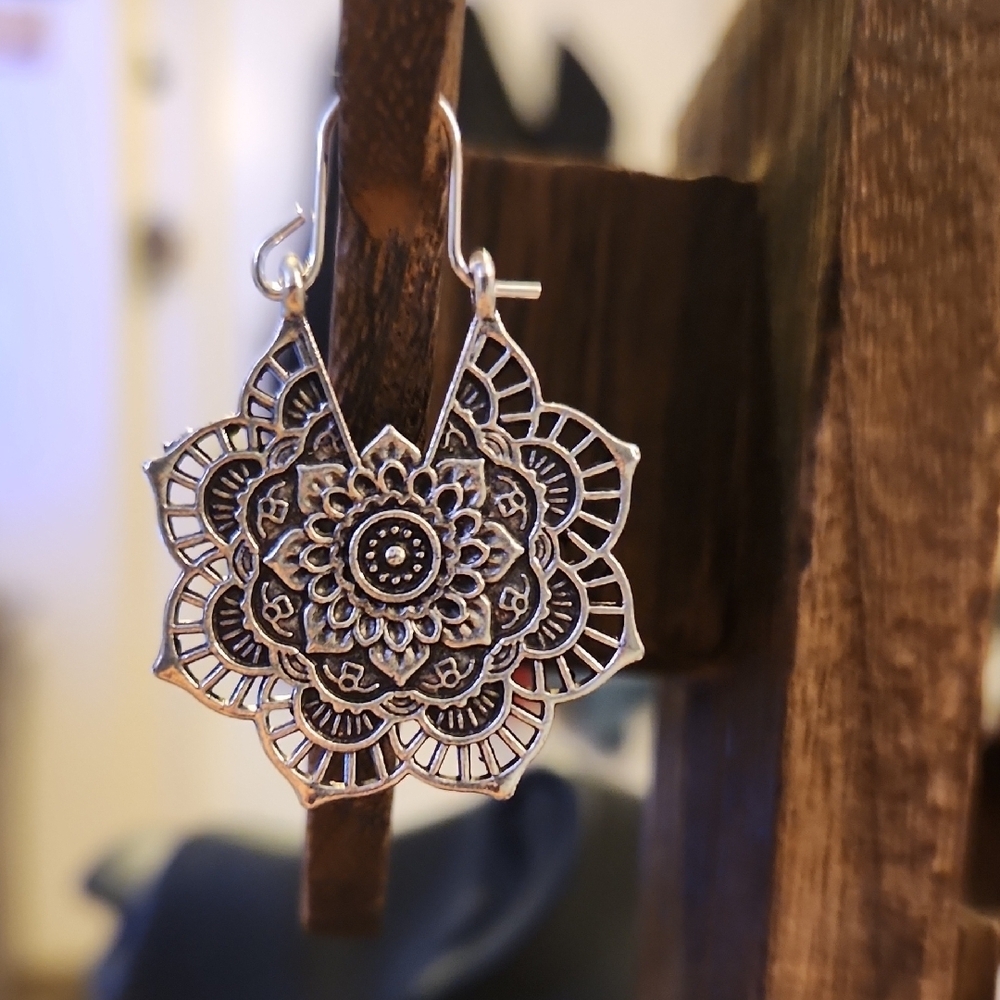 Silver Bohemian Floral Mandala Earrings